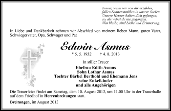 Traueranzeige von Edwin Asmus von Südthüringer Presse