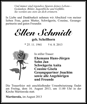 Traueranzeige von Ellen Schmidt von Südthüringer Presse