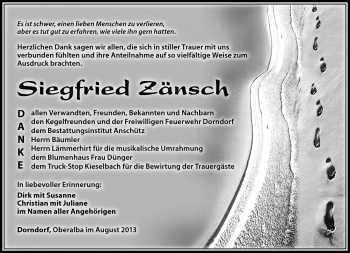 Traueranzeige von Siegfried Zänsch von Südthüringer Presse