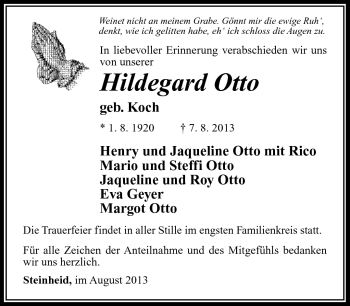 Traueranzeige von Hildegard Otto von Südthüringer Presse