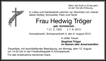 Traueranzeige von Hedwig Tröger von Frankenpost