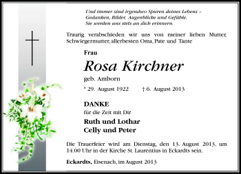 Traueranzeige von Rosa Kirchner von Südthüringer Presse