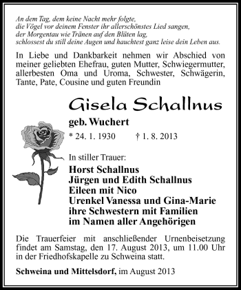 Traueranzeige von Gisela Schallnus von Südthüringer Presse