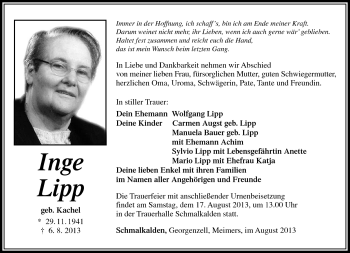 Traueranzeige von Inge Lipp von Südthüringer Presse