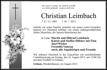 Traueranzeige von Christian Leimbach von Südthüringer Presse