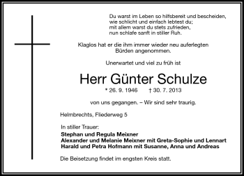 Traueranzeige von Günter Schulze von Frankenpost