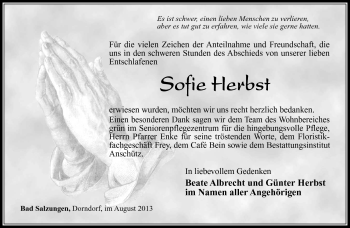 Traueranzeige von Sofie Herbst von Südthüringer Presse