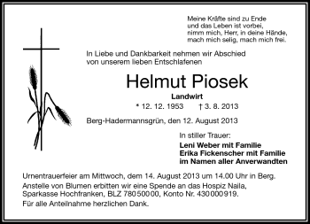 Traueranzeige von Helmut Piosek von Frankenpost