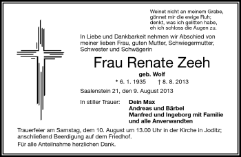 Traueranzeige von Renate Zeeh von Frankenpost