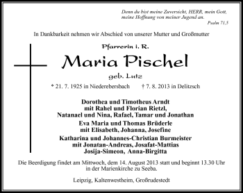 Traueranzeige von Maria Pischel von Südthüringer Presse