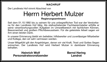 Traueranzeige von Herbert Mulzer von Frankenpost