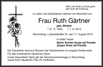 Traueranzeige von Ruth Gärtner von Frankenpost