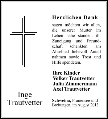 Traueranzeige von Inge Trautvetter von Südthüringer Presse