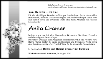 Traueranzeige von Anita Cramer von Südthüringer Presse