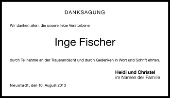 Traueranzeige von Inge Fischer von Neue Presse Coburg