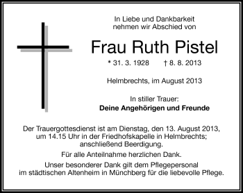 Traueranzeige von Ruth Pistel von Frankenpost