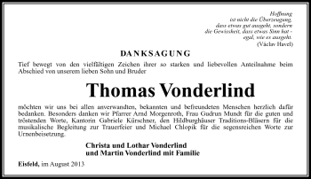 Traueranzeige von Thomas Vonderlind von Südthüringer Presse