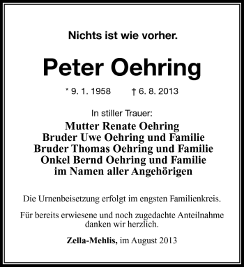 Traueranzeige von Peter Oehring von Südthüringer Presse