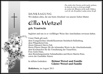 Traueranzeige von Ella Wetzel von Südthüringer Presse