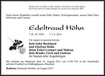 Traueranzeige von Edeltraud höhn von Südthüringer Presse