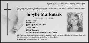 Traueranzeige von Sibylle Markutzik von Südthüringer Presse