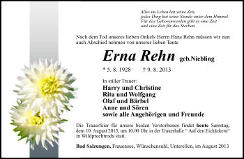 Traueranzeige von Erna Rehn von Südthüringer Presse