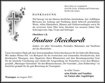 Traueranzeige von Gustav Reichardt von Südthüringer Presse