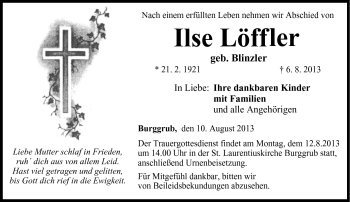 Traueranzeige von Ilse Löffler von Neue Presse Coburg