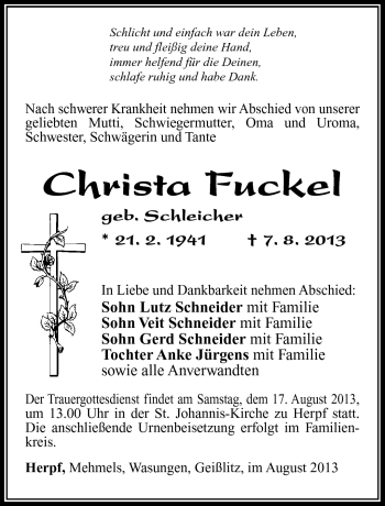 Traueranzeige von Christa Fuckel von Südthüringer Presse