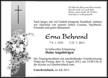 Traueranzeige von Erna Behrend von Südthüringer Presse