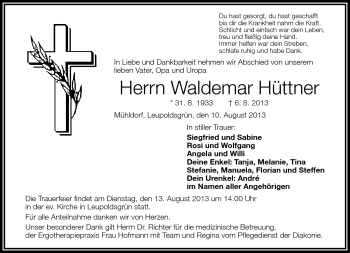 Traueranzeige von Waldemar Hüttner von Frankenpost