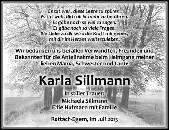 Traueranzeige von Karla Sillmann von Südthüringer Presse