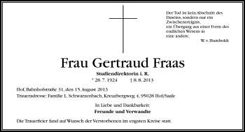 Traueranzeige von Gertraud Fraas von Frankenpost