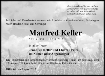 Traueranzeige von Manfred Keller von Südthüringer Presse