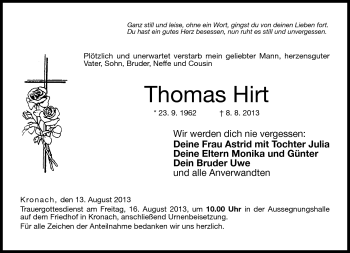 Traueranzeige von Thomas Hirt von Neue Presse Coburg