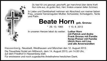 Traueranzeige von Beate Horn von Neue Presse Coburg
