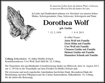 Traueranzeige von Dorothea Wolf von Neue Presse Coburg