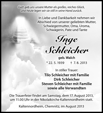 Traueranzeige von Inge Schleicher von Südthüringer Presse