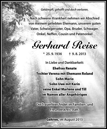 Traueranzeige von Gerhard Reisse von Südthüringer Presse