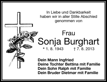 Traueranzeige von Sonja Burghart von Frankenpost