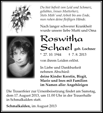 Traueranzeige von Roswitha Schael von Südthüringer Presse