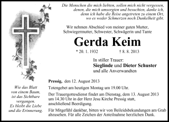 Traueranzeige von Gerda Keim von Neue Presse Coburg