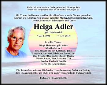 Traueranzeige von Helga Adler von Südthüringer Presse