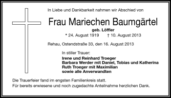 Traueranzeige von Mariechen Baumgärtel von Frankenpost