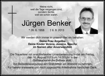 Traueranzeige von Jürgen Benker von Frankenpost
