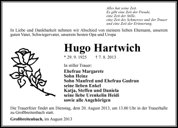 Traueranzeige von Hugo Hartwich von Südthüringer Presse