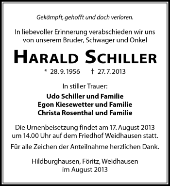 Traueranzeige von Harald Schiller von Südthüringer Presse