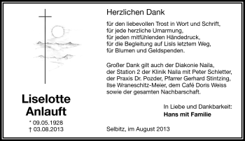 Traueranzeige von Liselotte Anlauft von Frankenpost