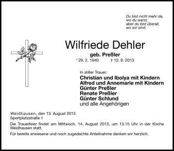 Traueranzeige von Wilfriede Dehler von Neue Presse Coburg