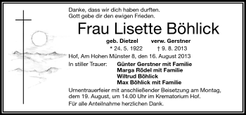 Traueranzeige von Lisette Böhlick von Frankenpost